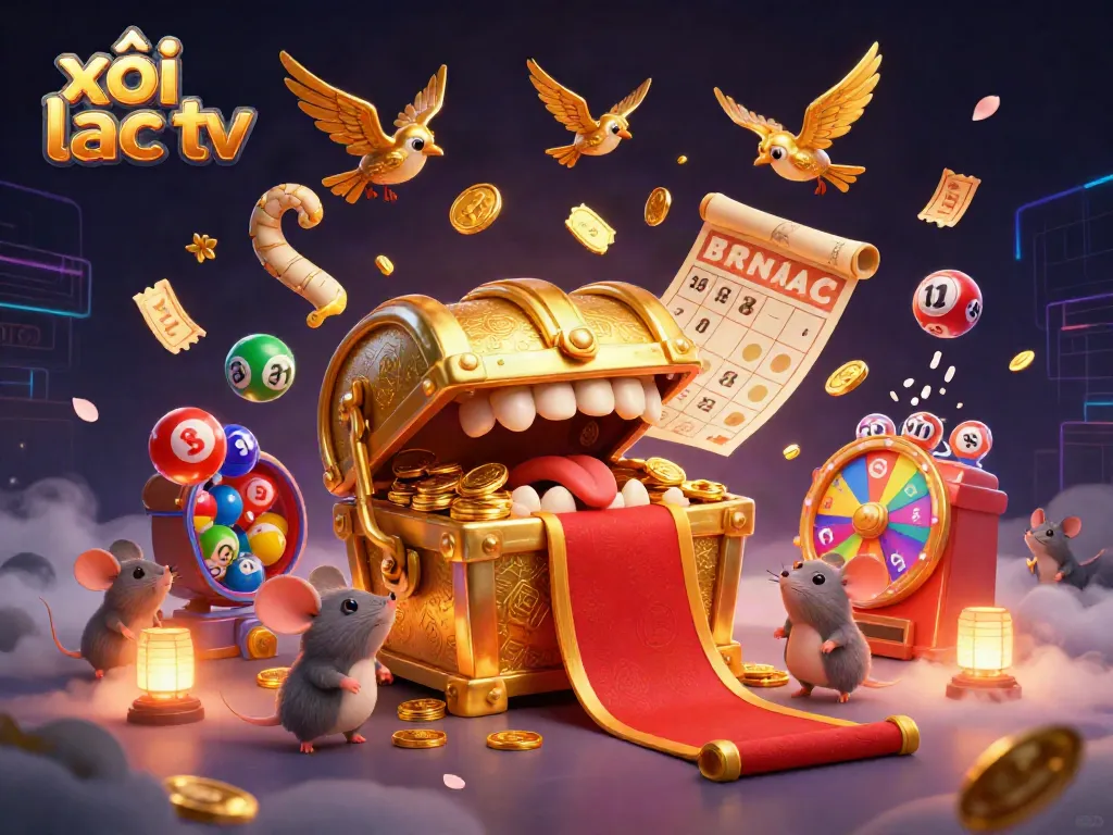 Experience thrilling gaming with xôi lạc tv as adventure mice engage with a golden treasure chest amid falling lottery balls.