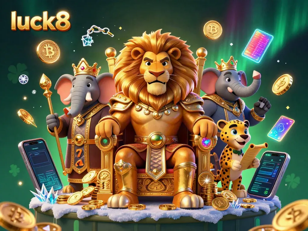 Experience luck8 with a fierce lion king in a 3D casino setting filled with vibrant slots and golden treasures.
