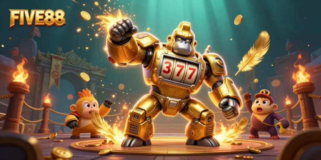 Bet on BIG wins with FIVE88 in this dynamic casino scene featuring a golden gorilla mech.