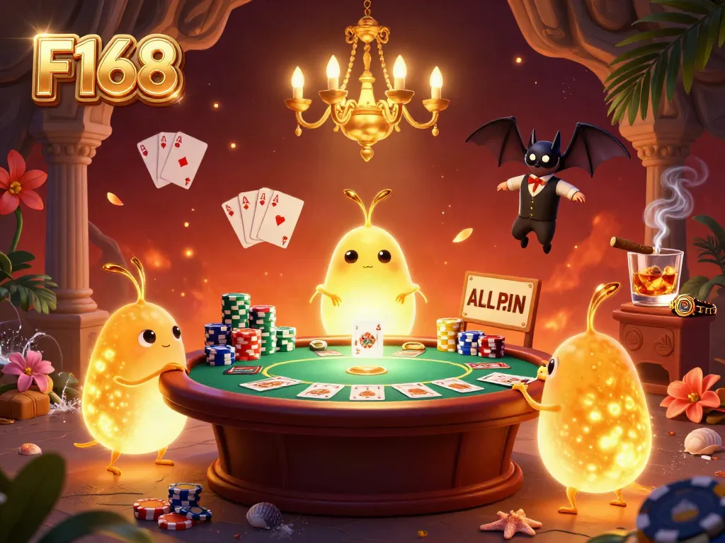 Experience the vibrant F168 casino ambiance with glowing characters in a dynamic poker scene.