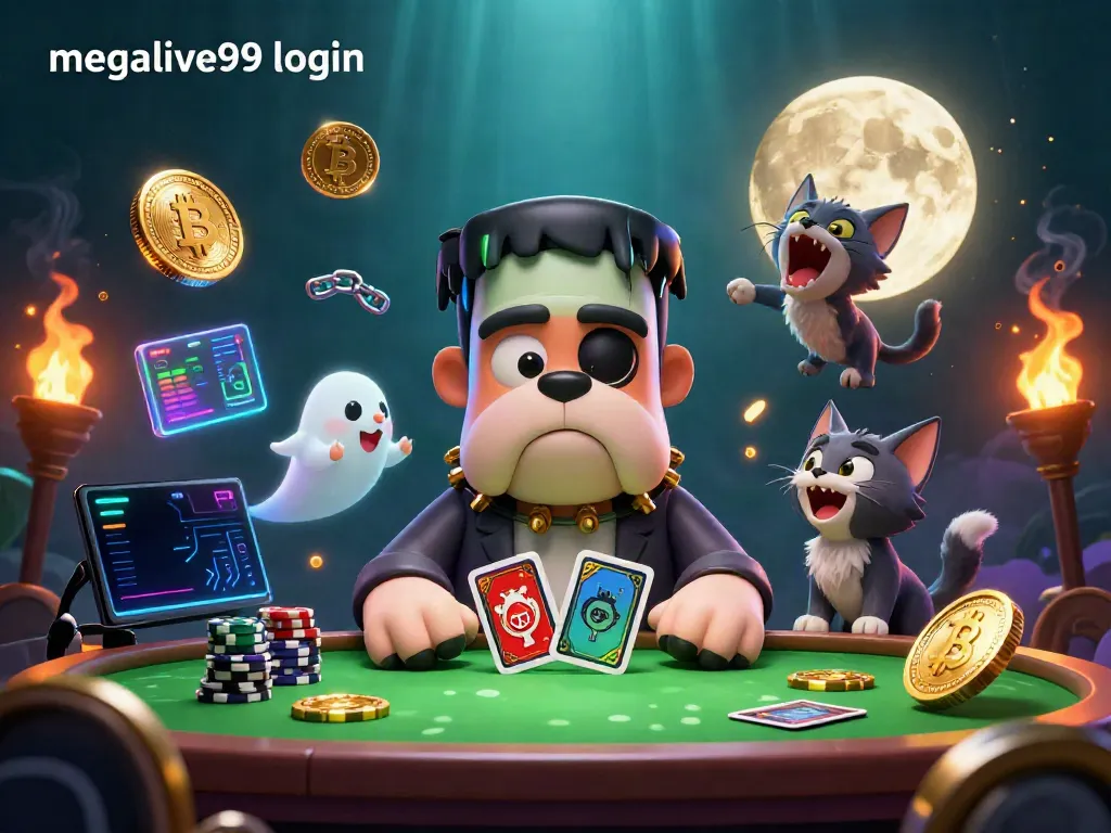 Aktivitas megalive99 login dengan karakter kartun dan elemen kasino berwarna cerah.