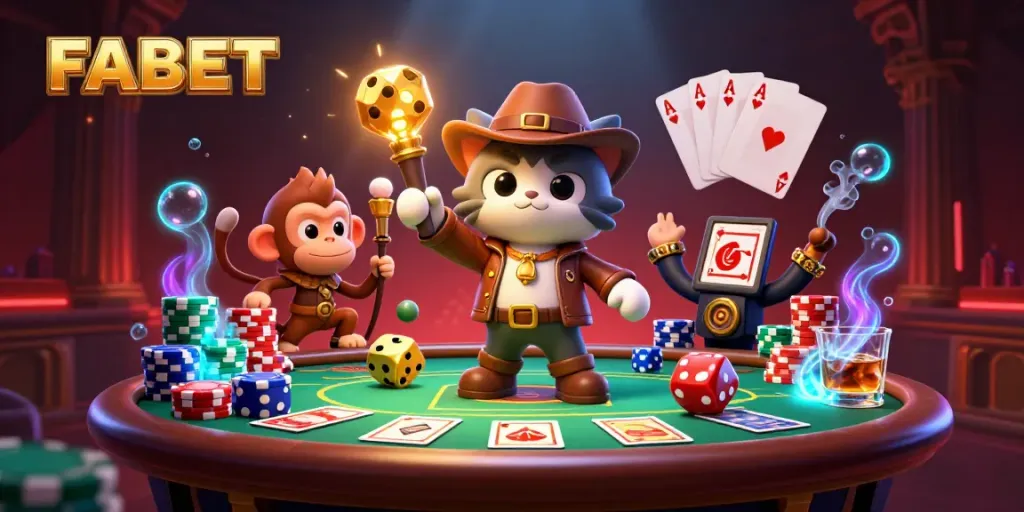 Engage with the thrilling essence of FABET as our hero uncovers golden casino treasures amidst a vibrant, dynamic scene.
