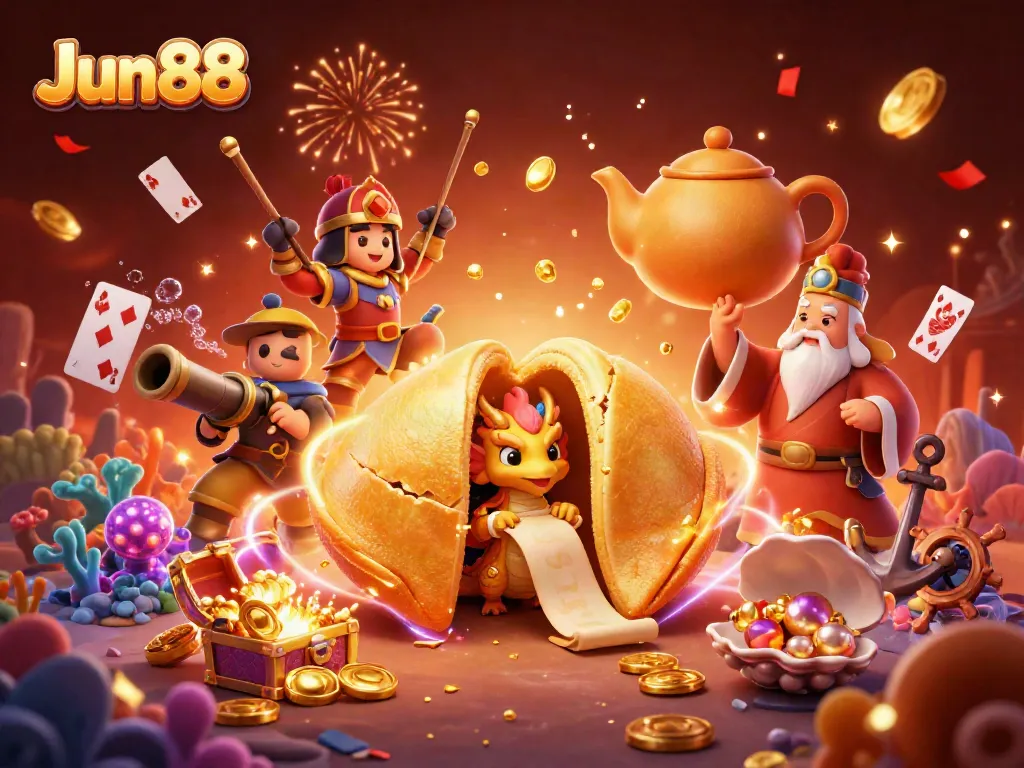 Experience the excitement of Jun88 with a dynamic 3D scene filled with fantasy characters and rich gambling elements.
