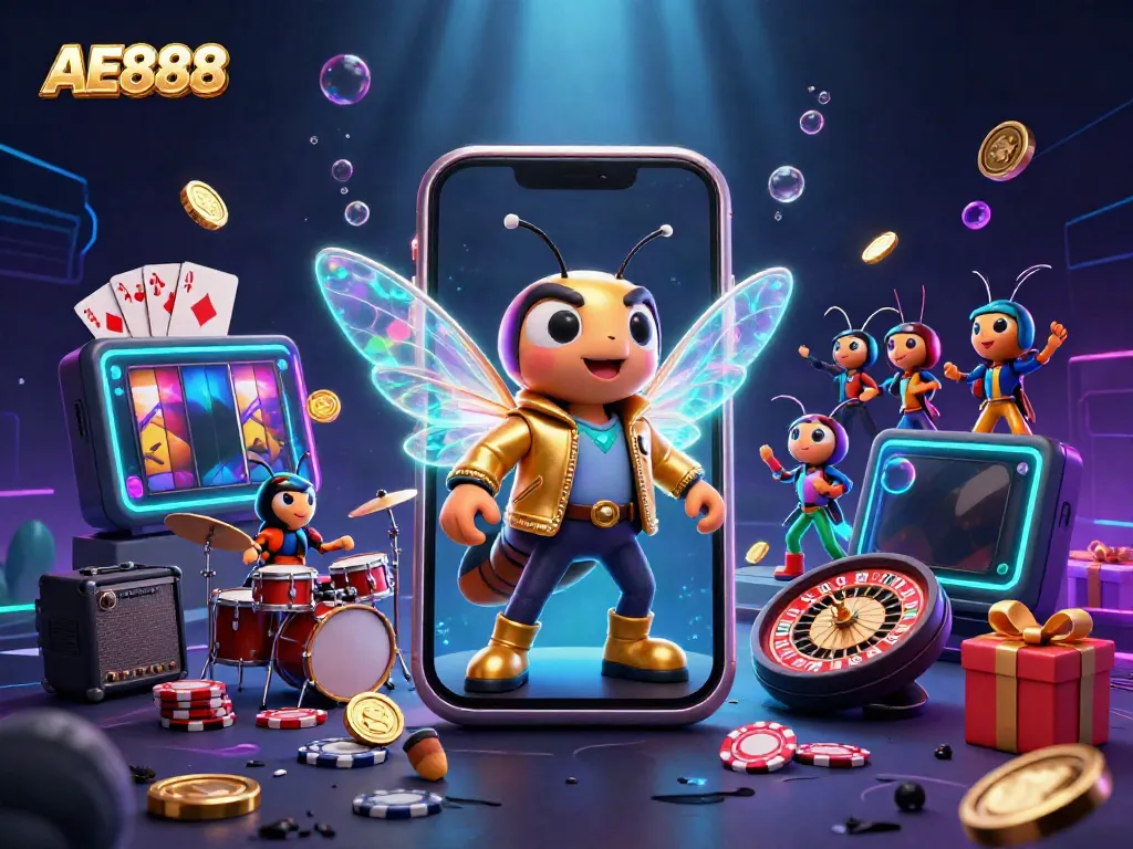 Experience thrilling excitement with AE888 as the rock star cicada and his band perform amidst dazzling casino elements.