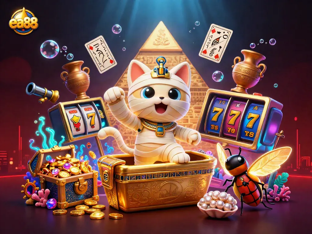 Engage with ea88 gaming as a mummy cat bursts from a sarcophagus in a vibrant casino scene.