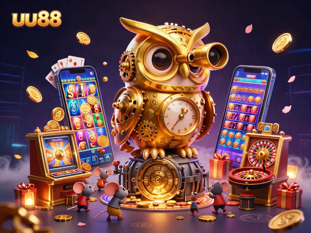 Experience excitement with uu88's immersive casino gaming atmosphere featuring vibrant characters and slot machines.