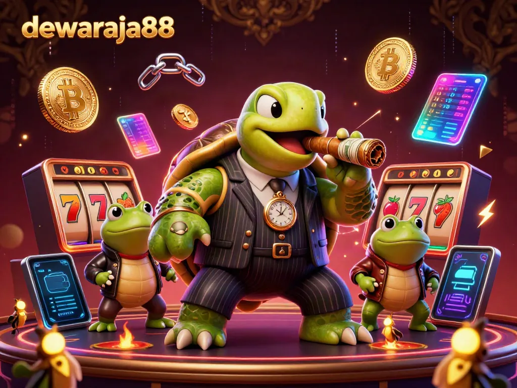 Dewaraja88 menampilkan karakter kasino seperti penyu besar dan katak, mempromosikan permainan slot dengan simbol keberuntungan.
