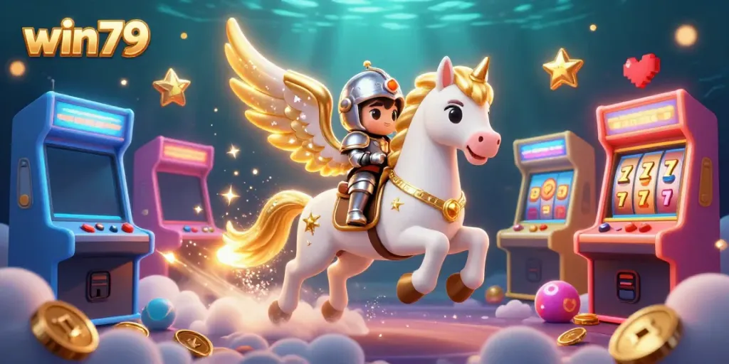 Win79 engage with vibrant arcade and casino themes in a magical 3D illustration.