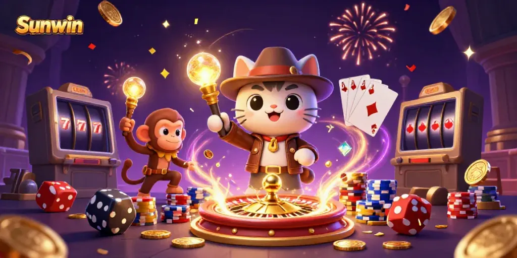 Sunwin showcases a vibrant casino exploration scene featuring treasure elements and energetic game dynamics.