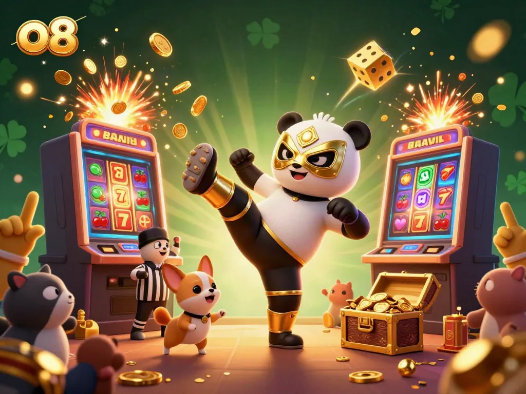 Experience excitement at o8 with a dynamic 3D scene of casino fun featuring a playful panda and a chihuahua referee.