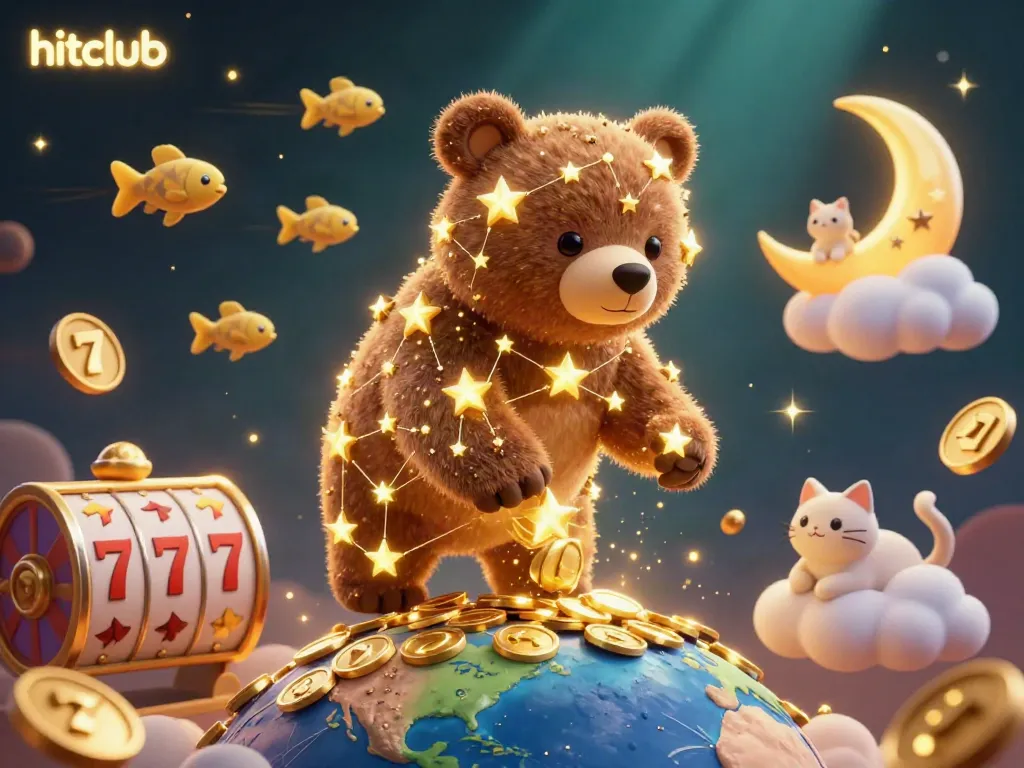 Hitclub bears dive into a world of luck, scooping coins amidst vibrant casino symbols.
