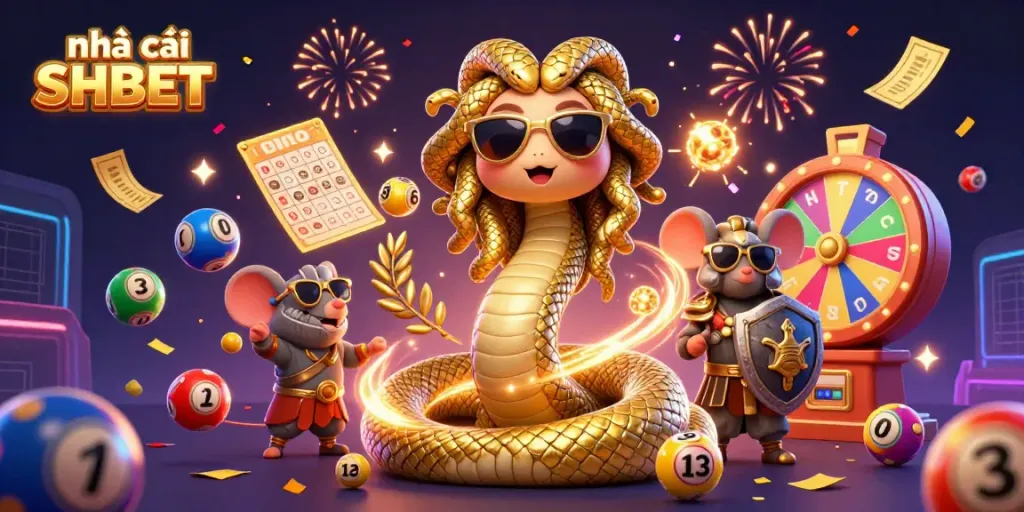 Experience the thrill at Nhà cái SHBET with a lively 3D illustration of games, jackpots, and excitement.
