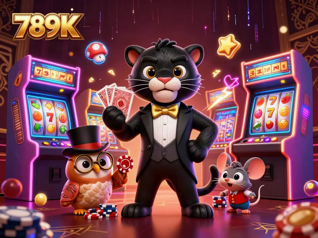 789K showcases a dynamic 3D cartoon scene of gambling characters in a lively casino.