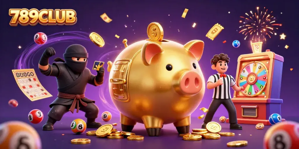 Join the excitement of 789CLUB's vibrant gaming world with dynamic golden coins and energetic characters.
