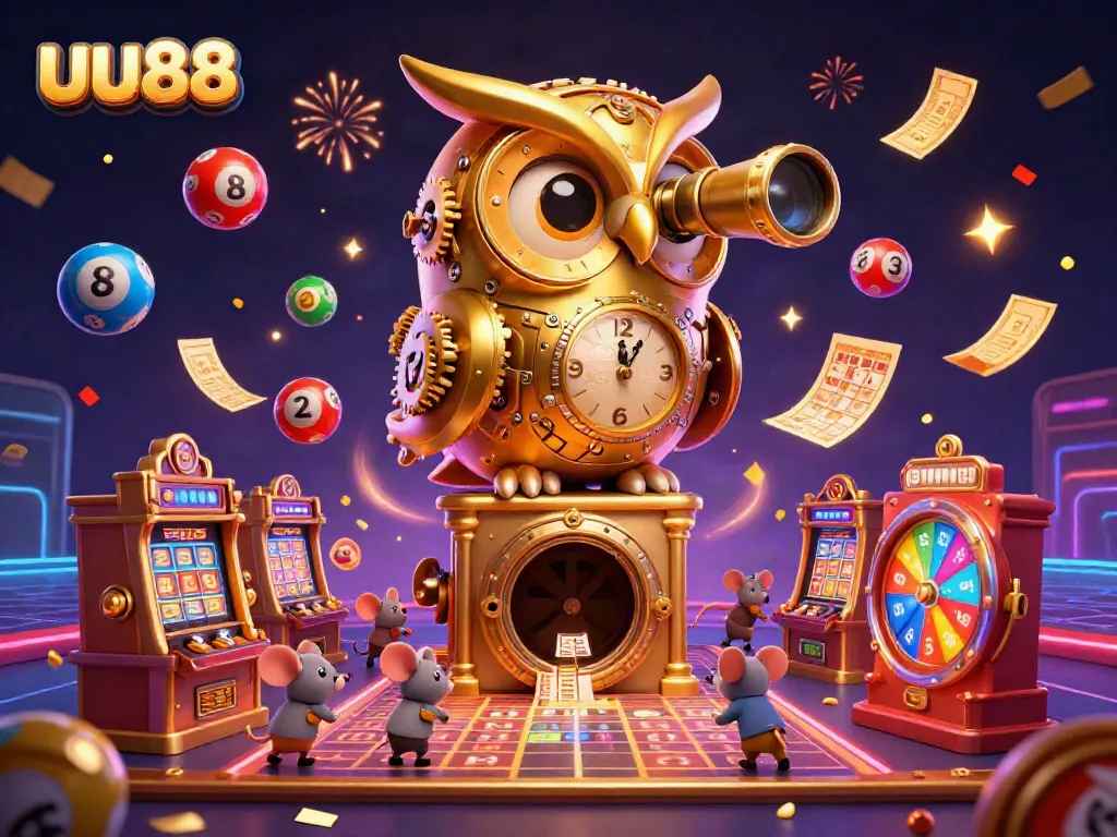 Experience the vibrant atmosphere of uu88's casino floor with a golden owl and lively elements.