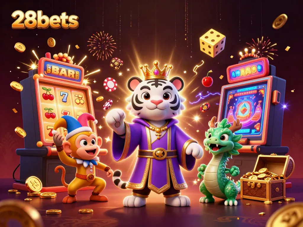 Engage with the vibrant world of 28bets, showcasing a dynamic casino scene with a playful atmosphere.