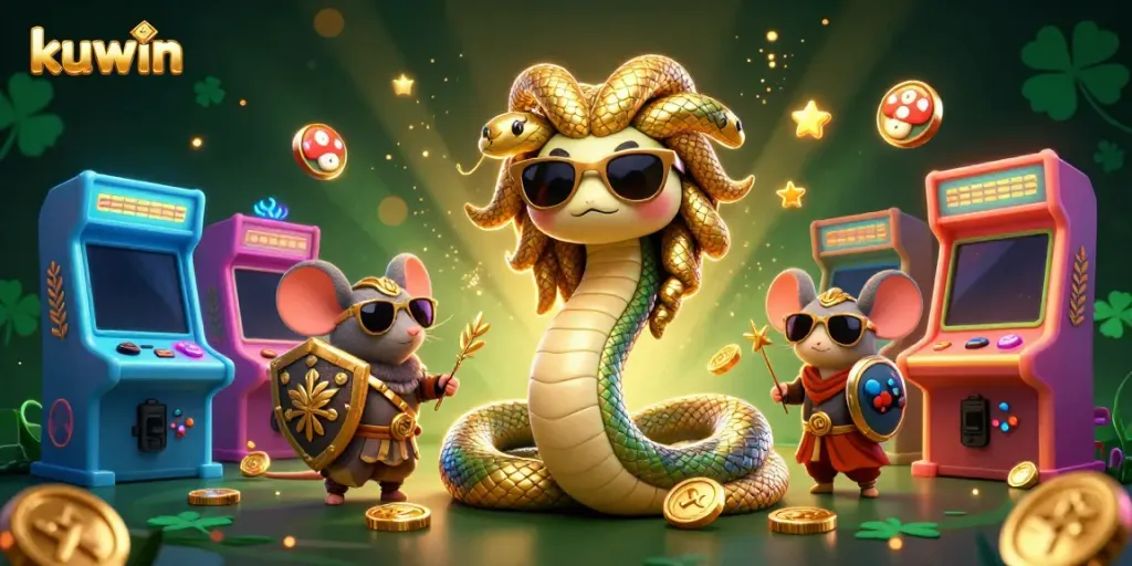 Kuwin interactive gaming scene featuring Medusa and a warrior mouse in a vibrant casino setting.