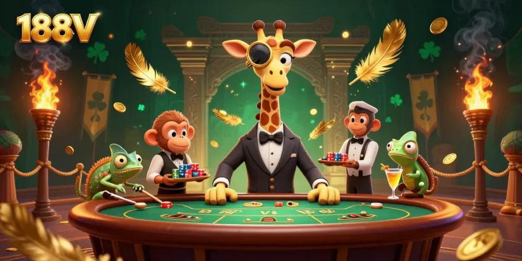 Engage in thrilling 188V gaming as a high-roller giraffe enjoys poker, surrounded by excitement and atmosphere.
