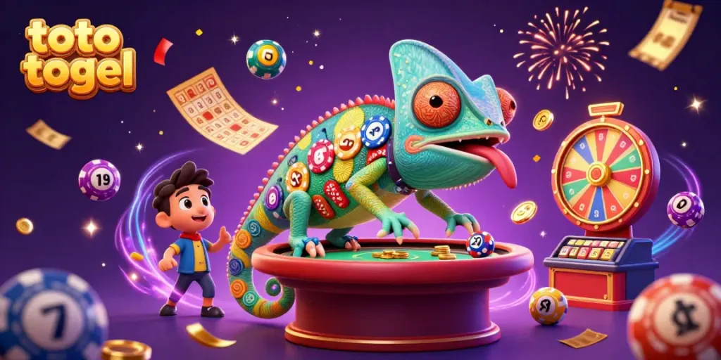 Engage with the dynamic world of toto togel featuring a chameleon casino owner and vibrant gaming elements.