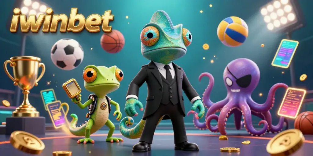 Experience the excitement of iwinbet with a vibrant 3D casino scene featuring dynamic characters and sports elements.
