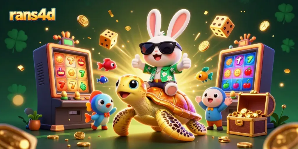 Menggambarkan rans4d dengan kelinci beruntung yang mengendarai penyu emas besar di dunia kasino yang penuh warna.