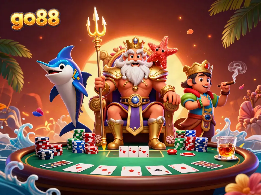 Engage in thrilling poker action at go88 with Neptune and vibrant casino elements in a dynamic setting.