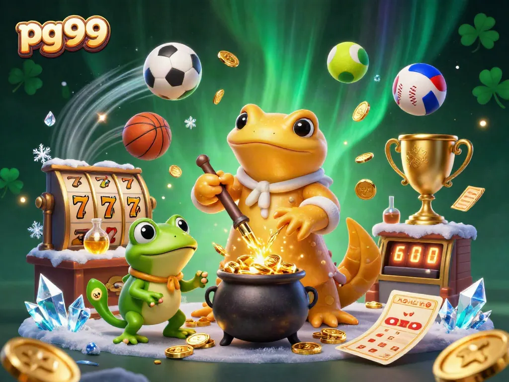 Win big with pg99 in a vibrant 3D casino illustration filled with gold coins and energetic characters.