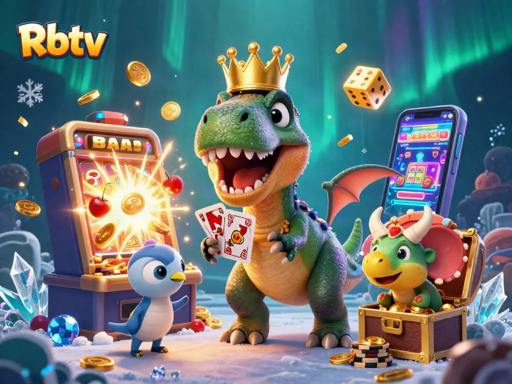 Menangkan hari Anda dengan Rbtv, slot dan chip emas berserakan dalam ilustrasi kasino yang menyenangkan.