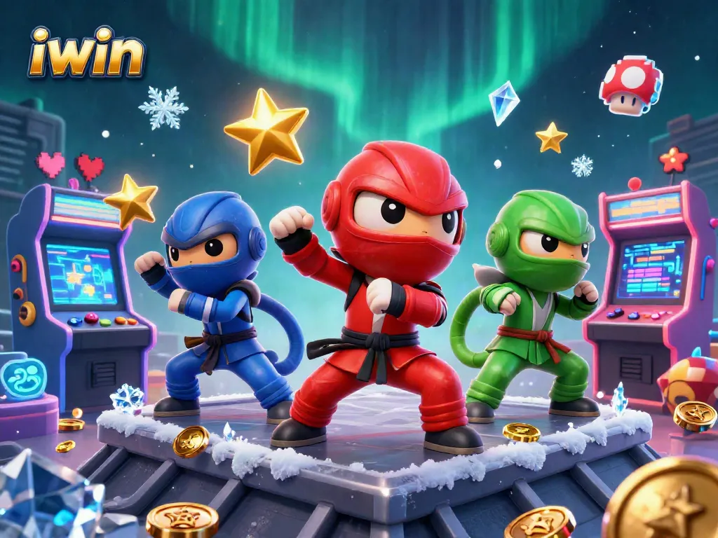 Experience thrilling gameplay with iwin's 3D ninja chameleon team illuminated in a vibrant casino scene.