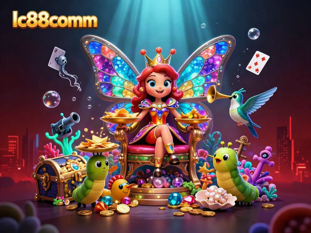 Play exciting games and win at lc88comm, featuring vibrant casino-themed elements and dynamic characters.