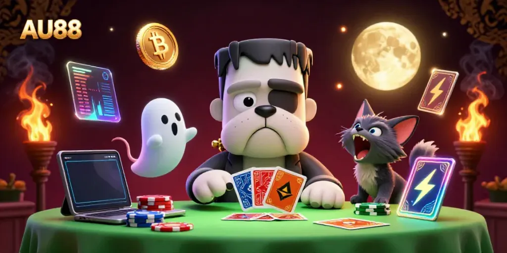 Play cards with the AU88 bulldog monster at a spooky table enhanced by ghostly chips and crypto elements.