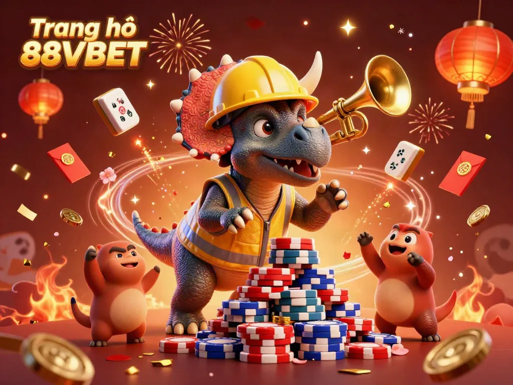 Engage in exciting gameplay at Trang chủ 88VBET with dynamic casino-themed celebration featuring a triceratops.