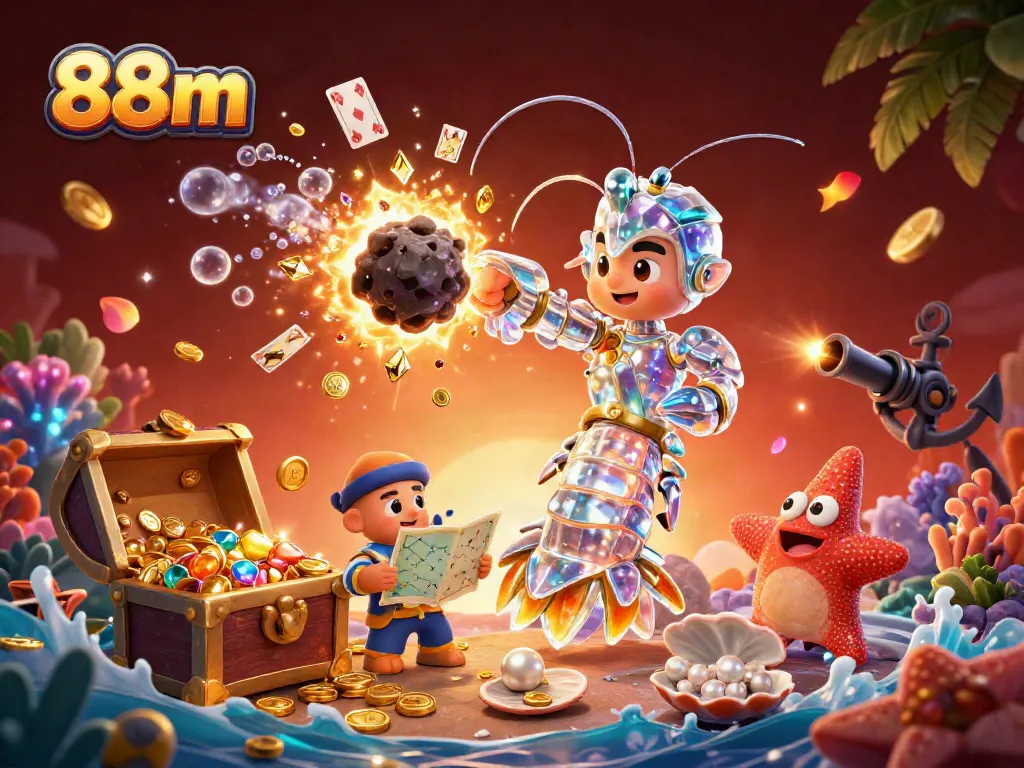 Experience the action at 88m with a galactic shrimp exploring a treasure-filled asteroid scene.