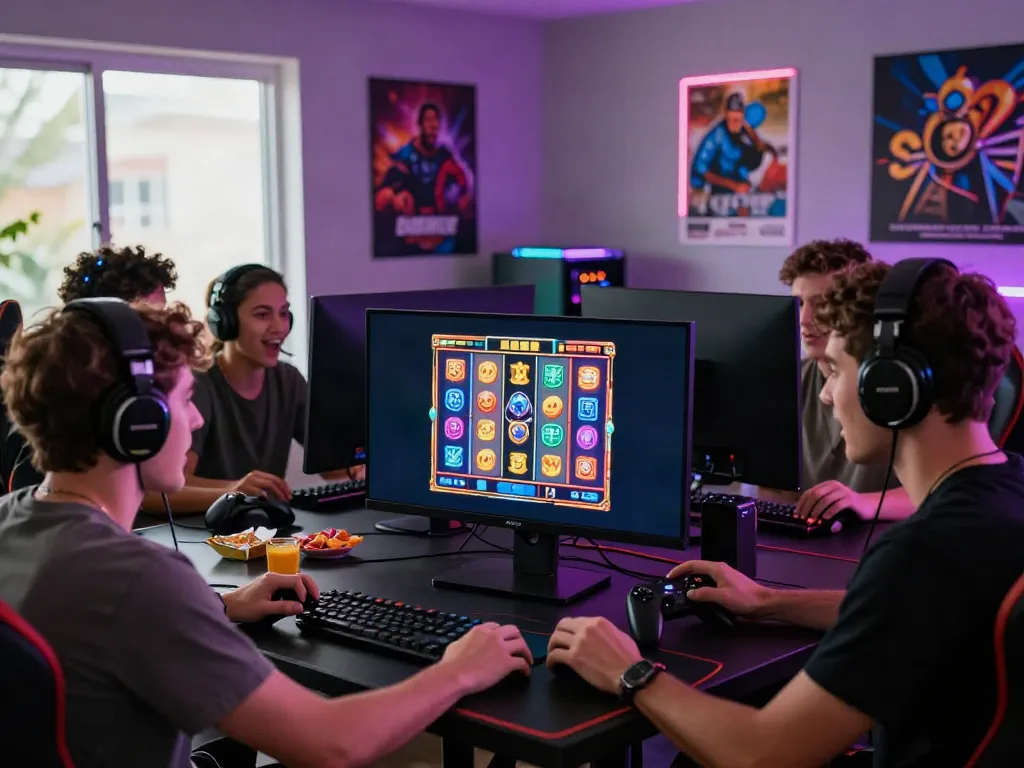 Teman-teman bermain slot online, bersemangat melihat layar permainan dengan simbol cerah, dalam suasana gaming yang seru.