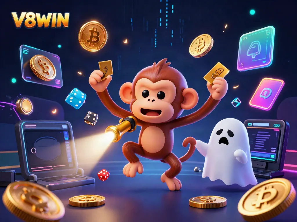 Experience the thrill of V8WIN in this animated scene, where a playful ghostly monkey juggles casino treasures.