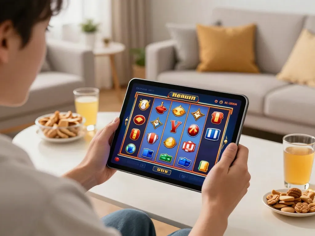 Tuan88 user enjoying a vibrant online slot game on a tablet in a cozy home setting.