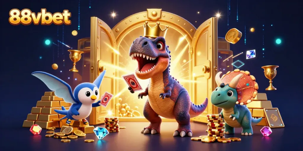 Experience vibrant 88vbet dynamics with a T-Rex and Triceratops in a rich casino scene.