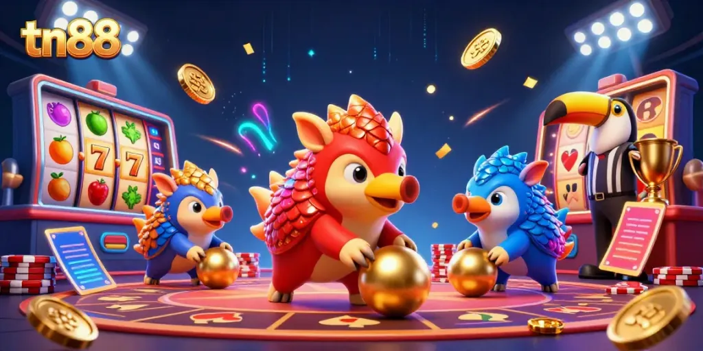 Engaging tn88 casino experience with pangolins rolling poker chips and vibrant slot elements.