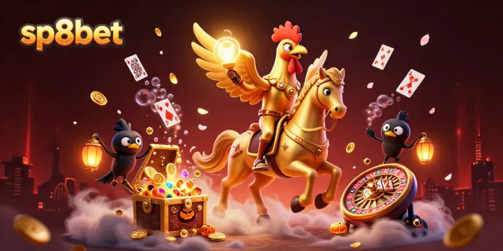 Engage in the exhilarating world of sp8bet with a 3D illustration of vibrant casino adventure featuring unique characters and game elements.