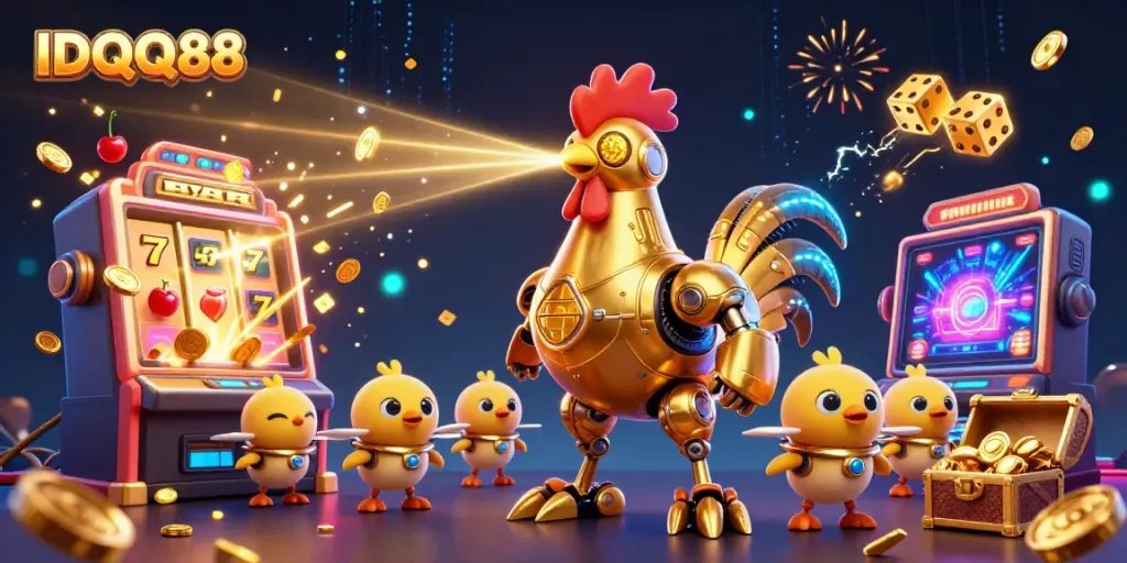 Experience thrilling gameplay with IDQQ88's vibrant 3D casino scene featuring animated golden rooster and slot machine.