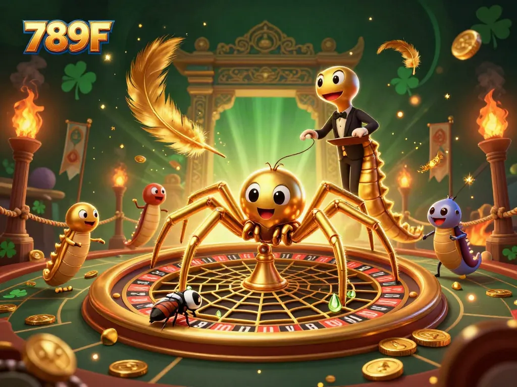 Place bets at 789F's roulette wheel web spun by a golden spider in a vibrant casino scene.