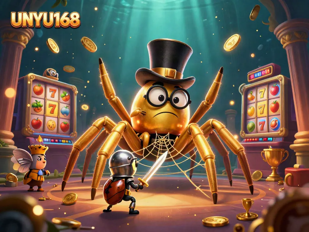 UNYU168 menampilkan tarantula emas dan ksatria kecil dalam ilustrasi kasino yang menarik.