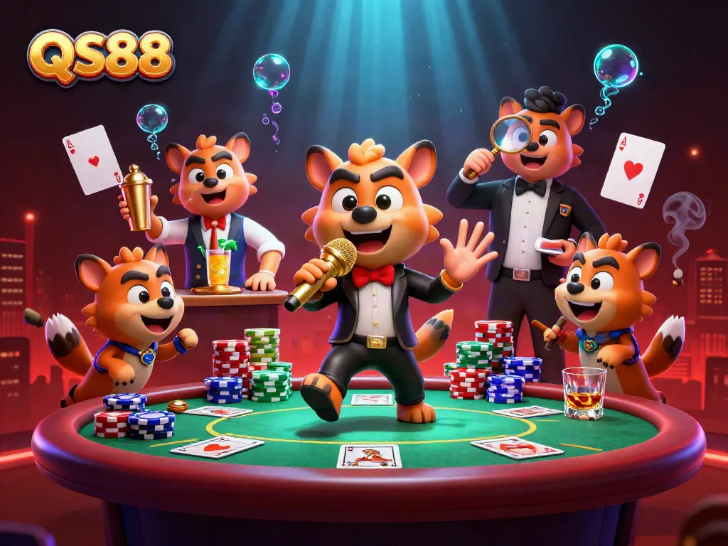 Experience lively gaming action with QS88 hyenas running a vibrant comedy casino.