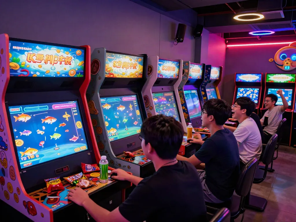 Engaged players enjoying lại là Bắn cá đổi thưởng in a lively gaming cafe.