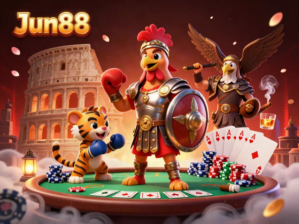 Experience thrilling gameplay at Jun88 with a dynamic scene of a gladiator rooster in a casino arena.