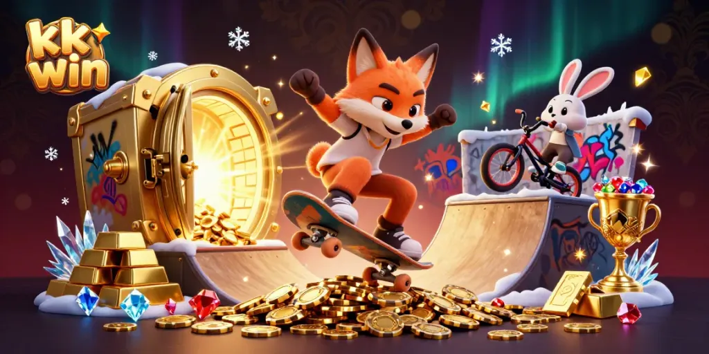 kk win captures thrilling moments in a dynamic casino scene with vibrant characters and gold elements.