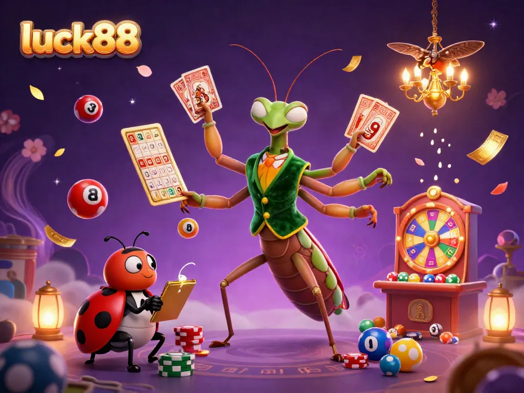 Experience excitement with luck88 as a giant mantis deals cards and a ladybug oversees a vibrant casino scene.