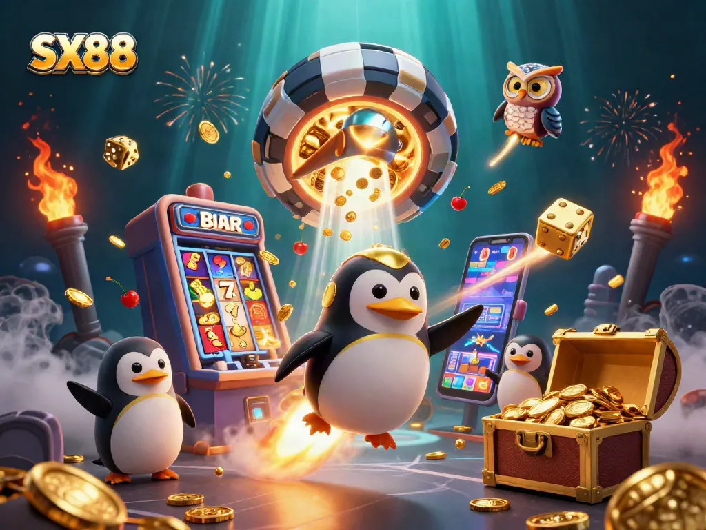 SX88 penguin flying towards a casino space station with dynamic gambling elements, showcasing engaging gaming action.
