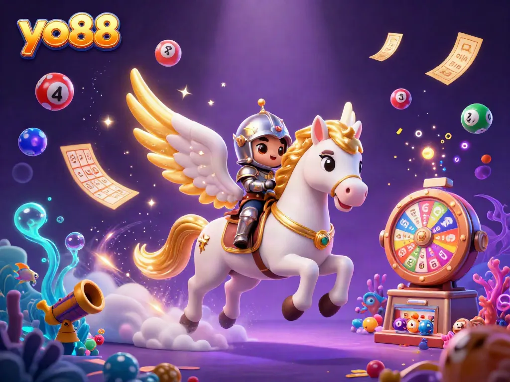 Engage with yo88's vibrant fish shooting games, featuring a celestial horse and knight amidst joyful gaming elements.