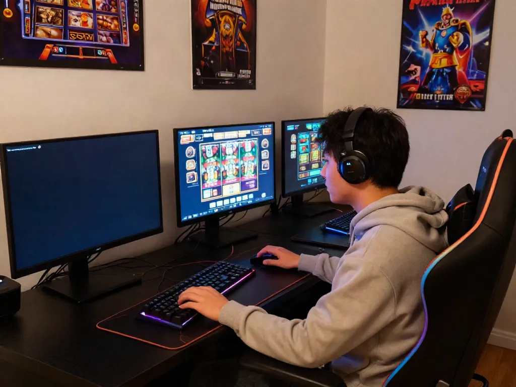 Engaged gamer playing vibrant slot games in a modern home setup